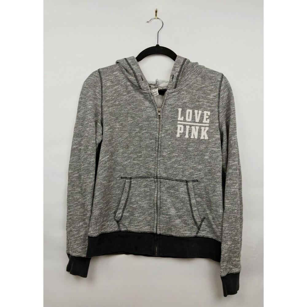Victoria's Secret PINK Hoodie M Heather Gray Pockets Logo Full Zip-READ